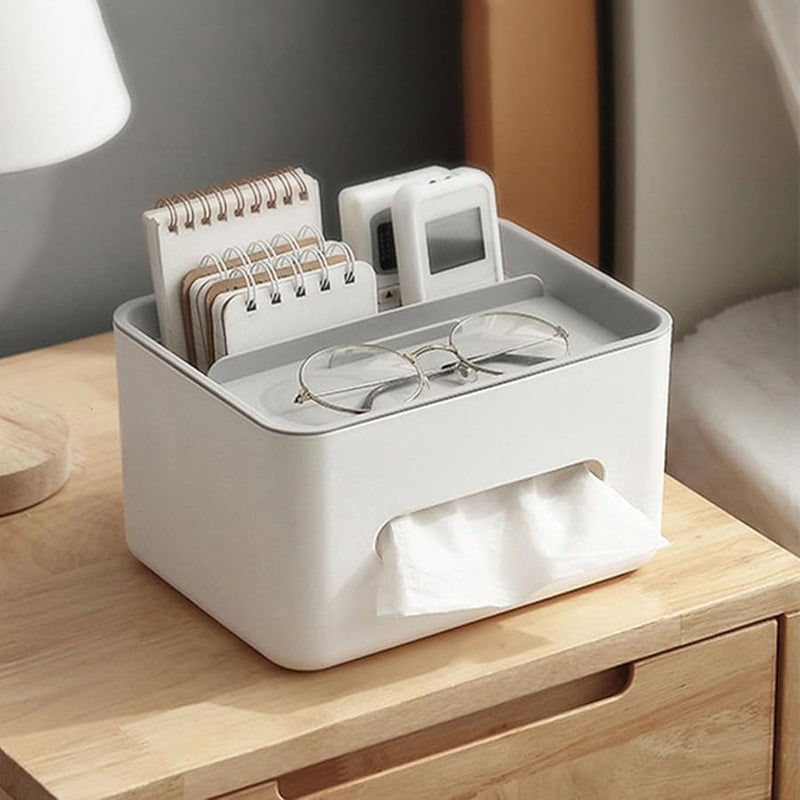 غطاء صندوق المناديل متعدد الوظائف مع حامل جهاز التحكم عن بعد قاعدة بيضاء غطاء رمادي لغرفة المعيشة والمكتب - Image 2